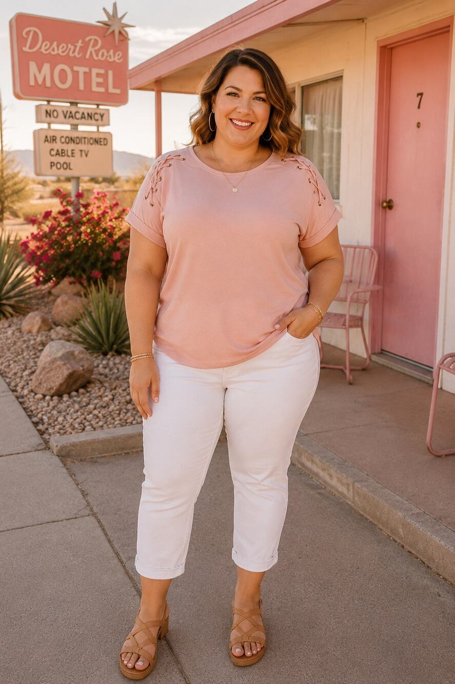 Cupio Blush Pink Lace-Up Shoulder Knit Top 2X Soft Short Sleeve Plus Size